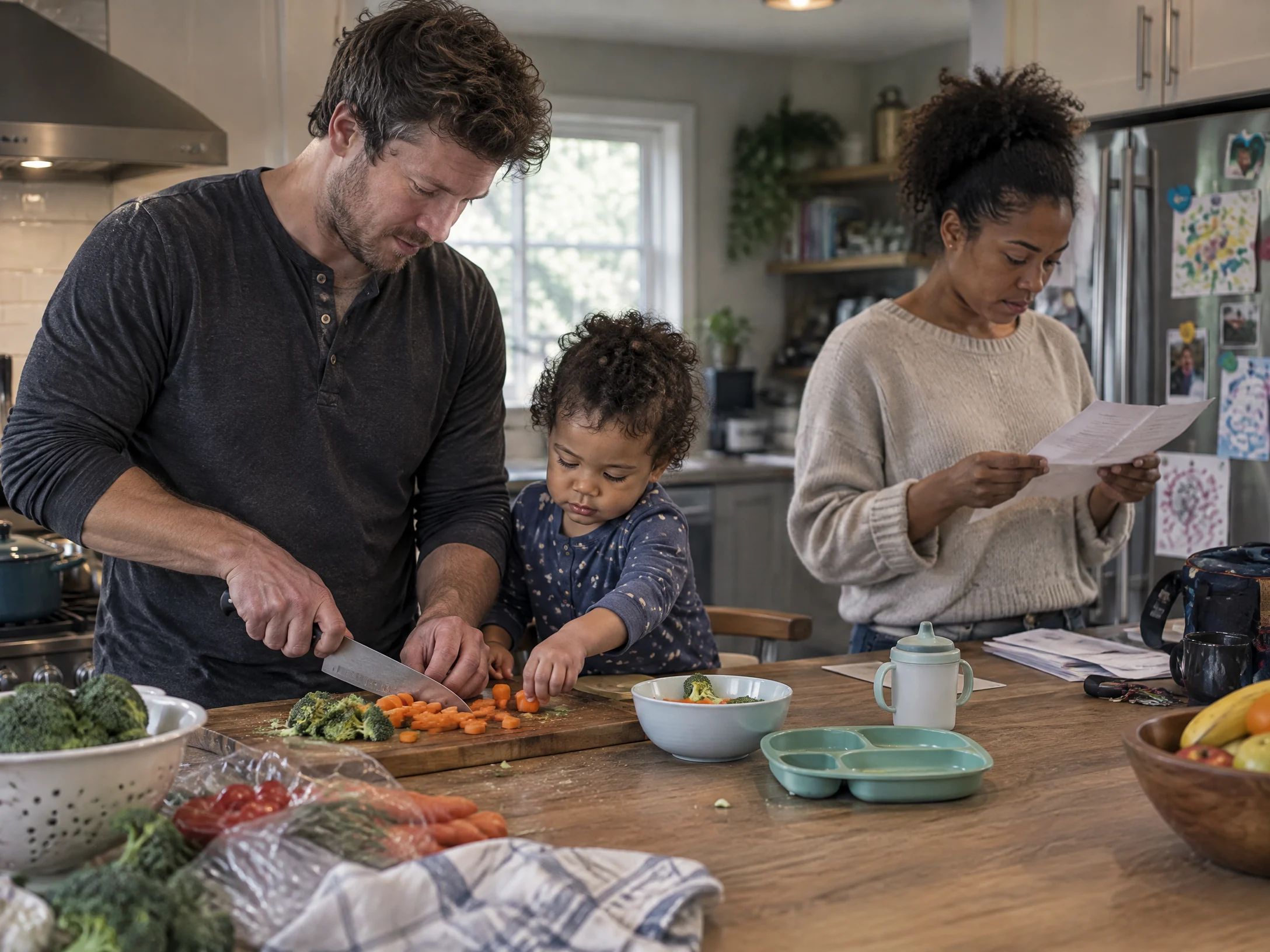 A father prepares dinner with a toddler while a co-parent reads a school note nearby.