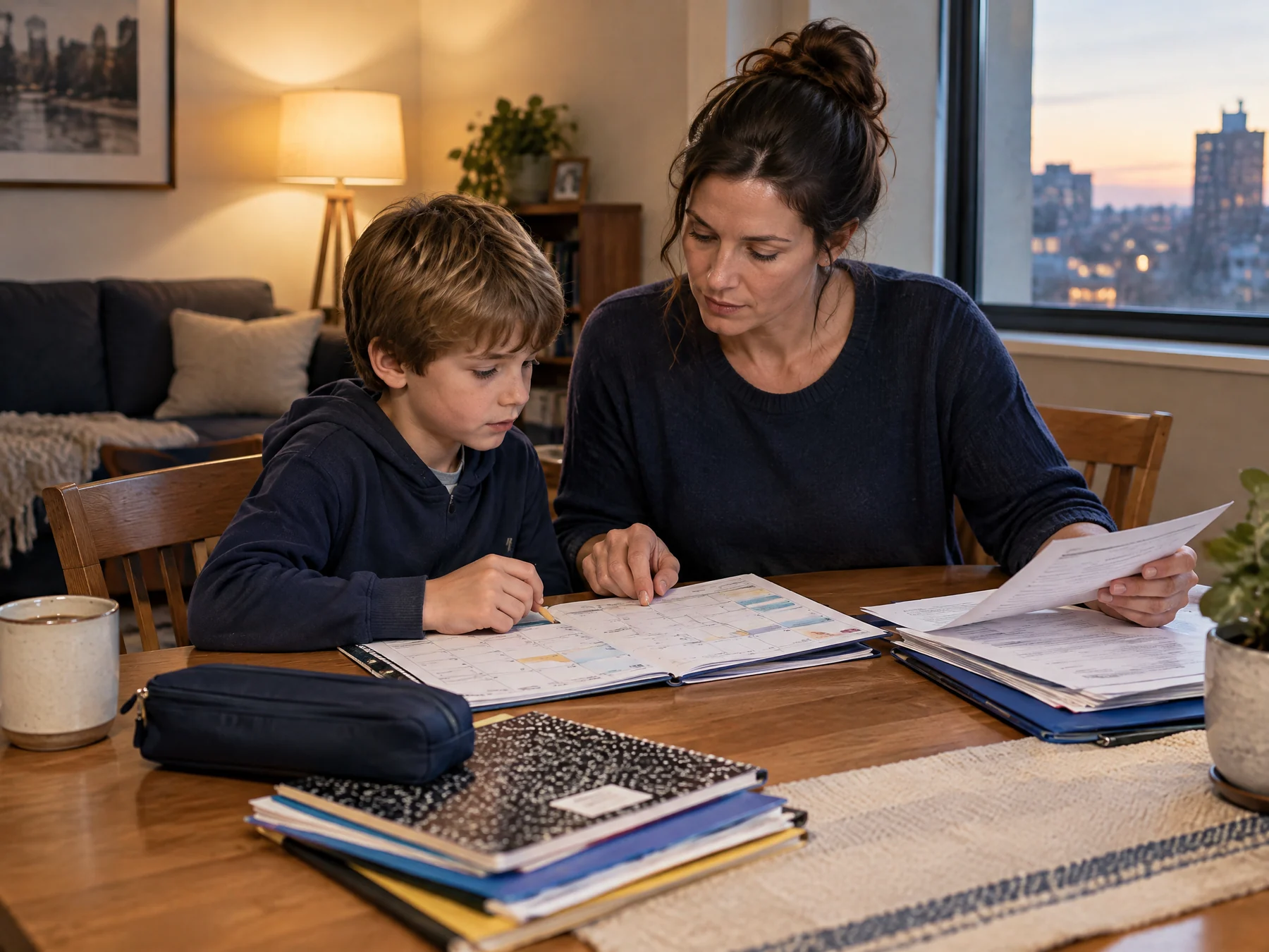 A white single mother and her son organize a shared calendar and school papers at their dining table.