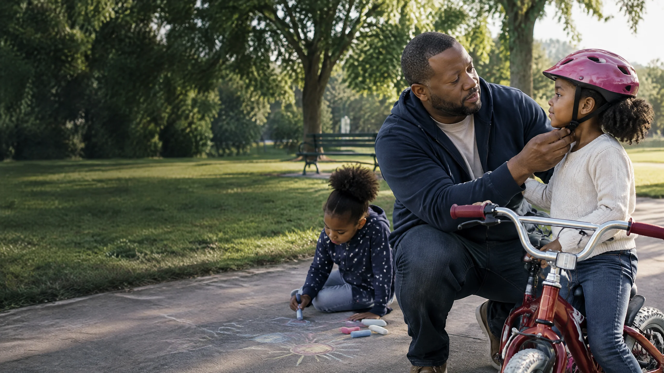 A father helps his daughter prepare for riding a bicycle at a neighborhood park.