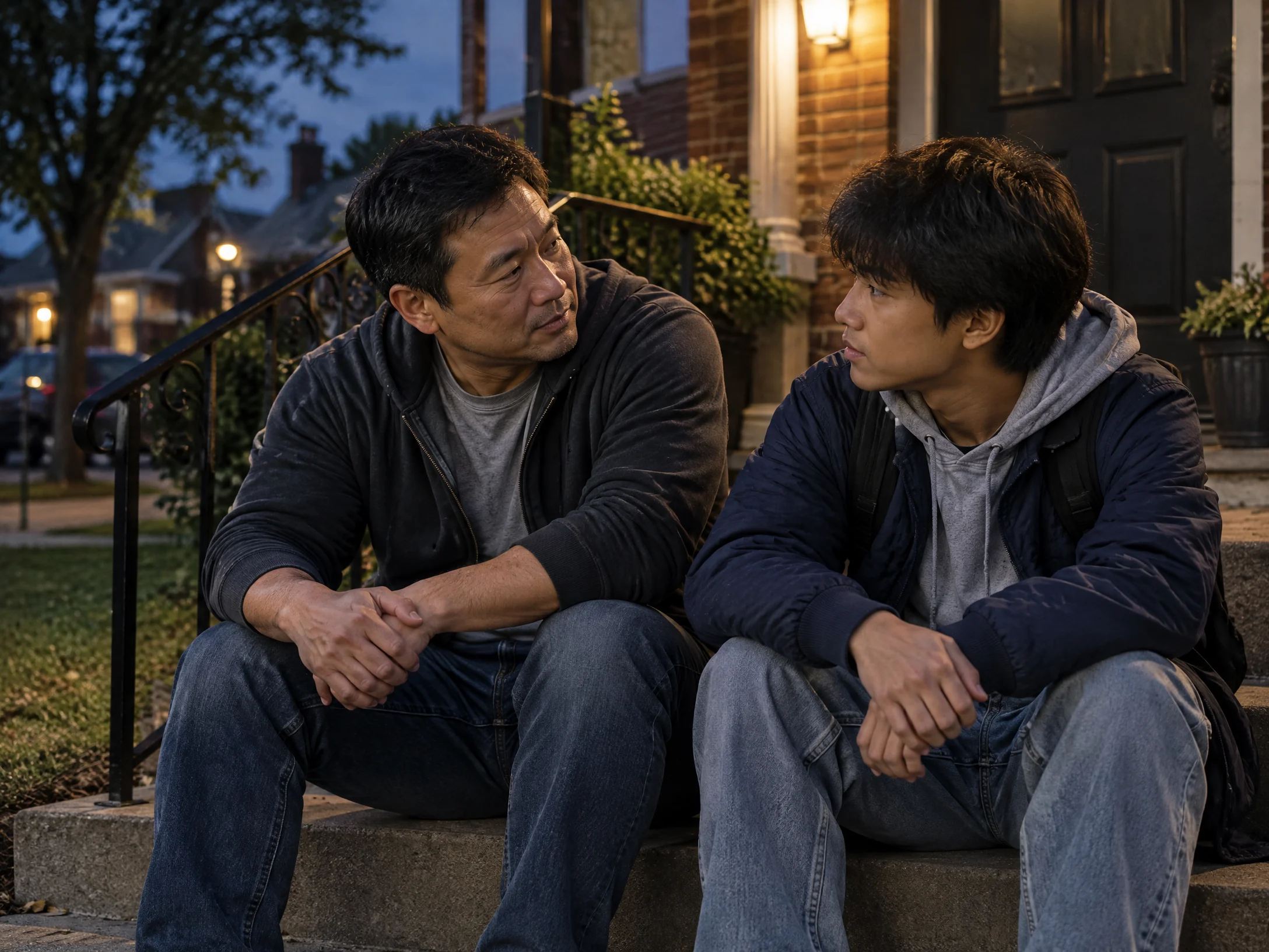 A father and teenage son have a quiet conversation outside their home at dusk.