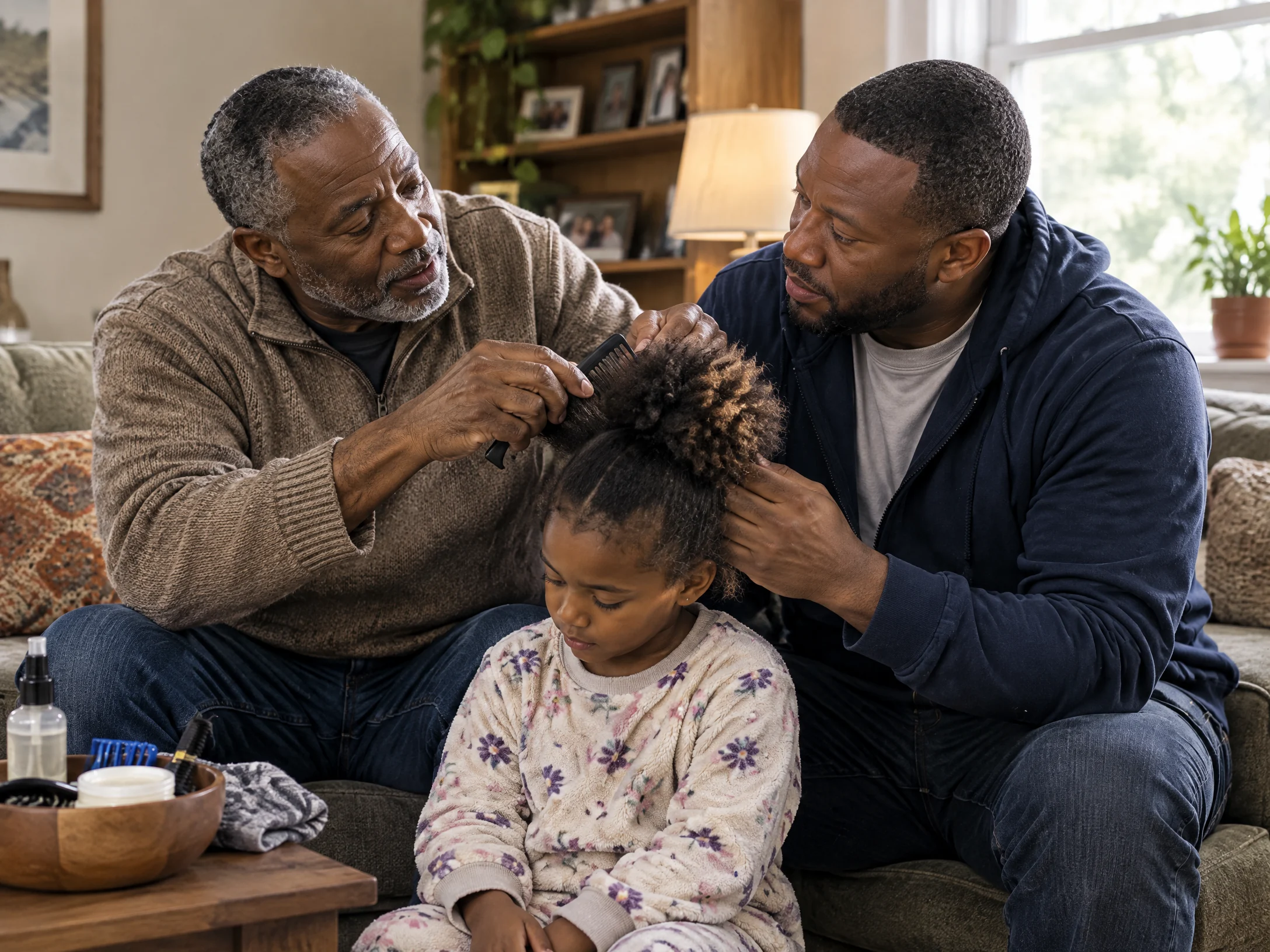 A grandfather and father care for a child together in a modest living room.