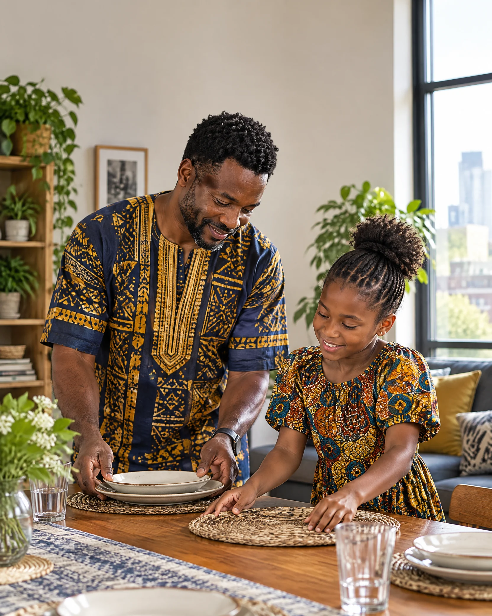 An African father and daughter set a table together in a bright home.