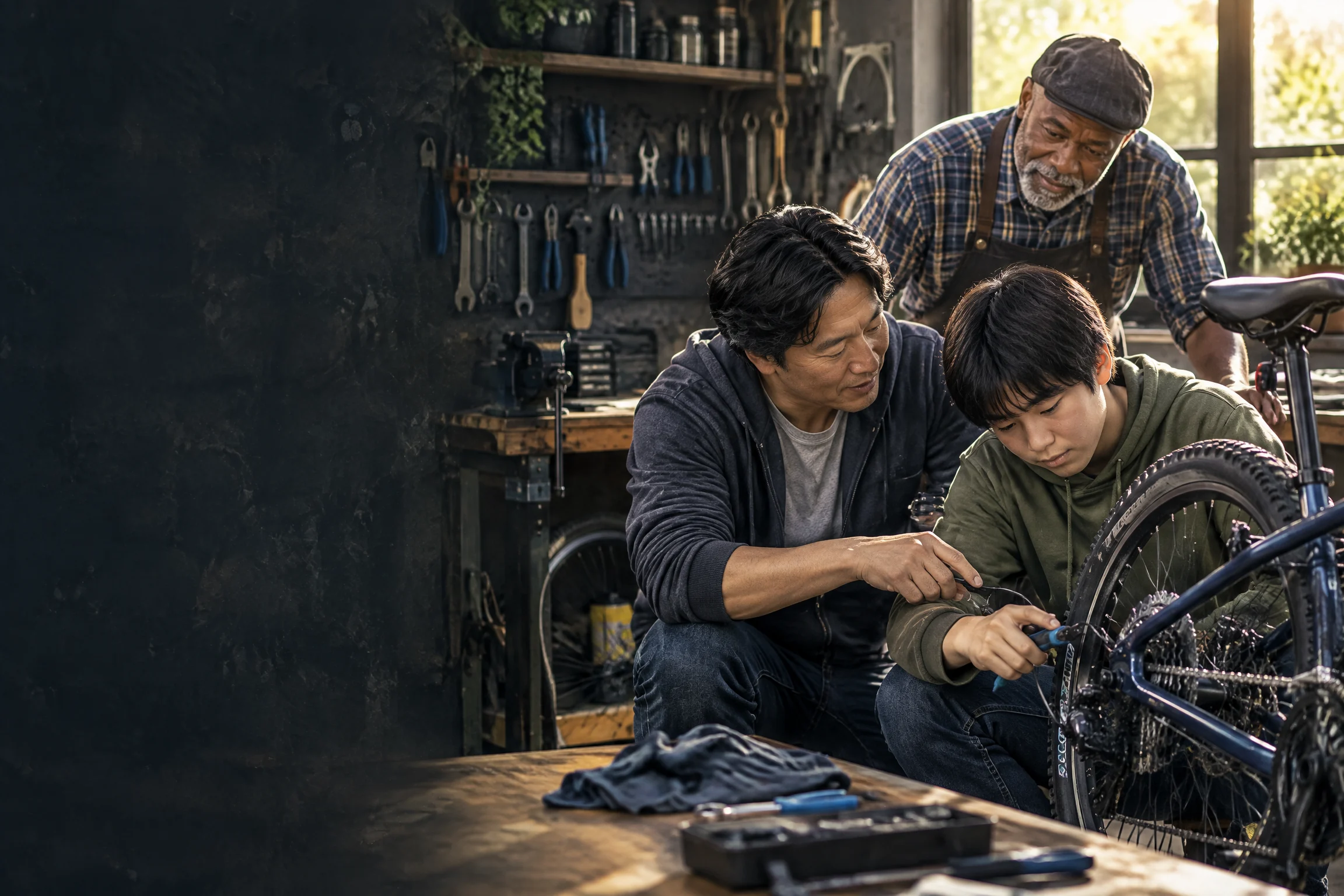 A father and teenage son repair a bicycle with an older mentor nearby in a community workshop.