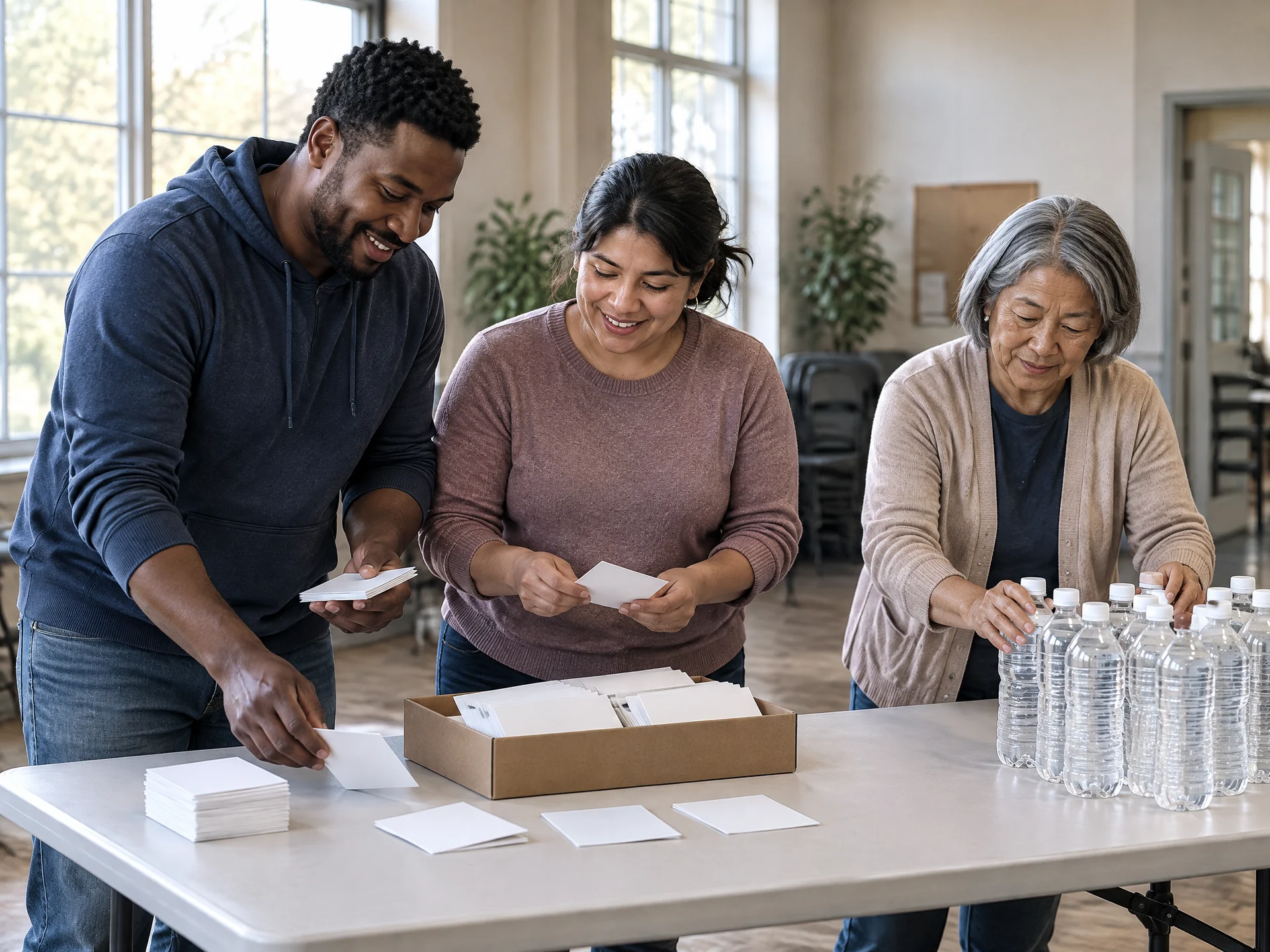 Community members organize plain preparedness supplies without uniforms or logos.