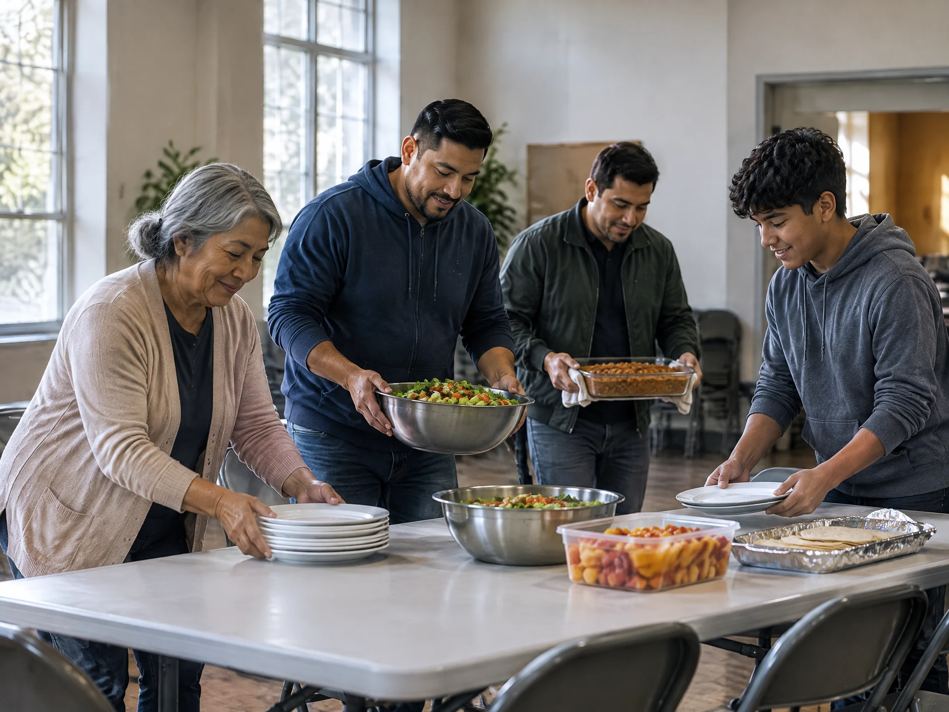 A mixed-age group prepares food together in a home kitchen.
