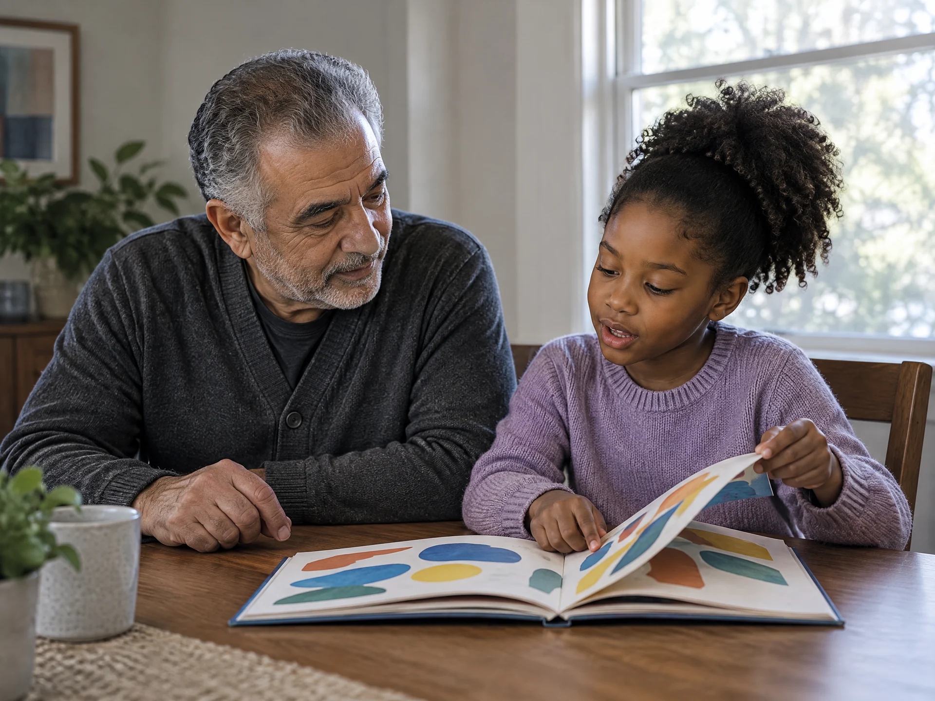 An older adult and a child share a language-learning activity at a table.