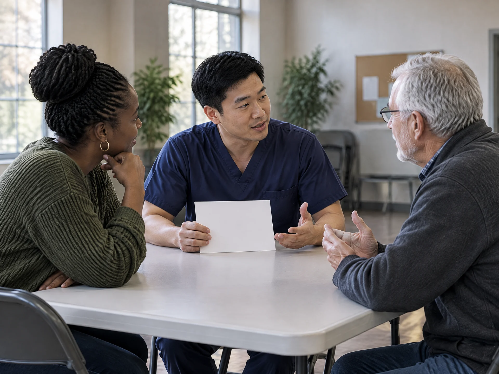 A nurse explains a general wellness concept at an unbranded education table.