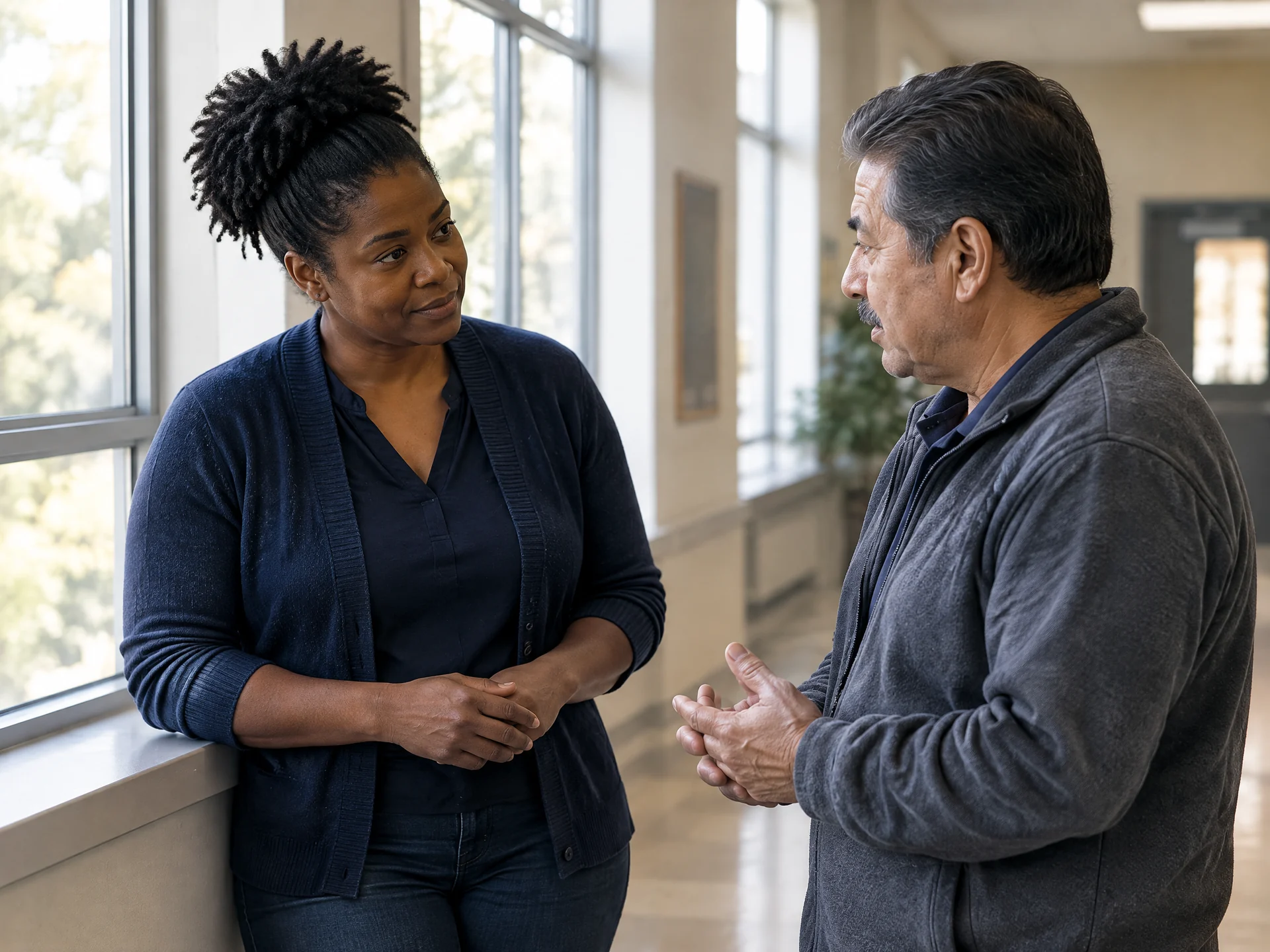 A school leader listens to an adult colleague in an unbranded office.