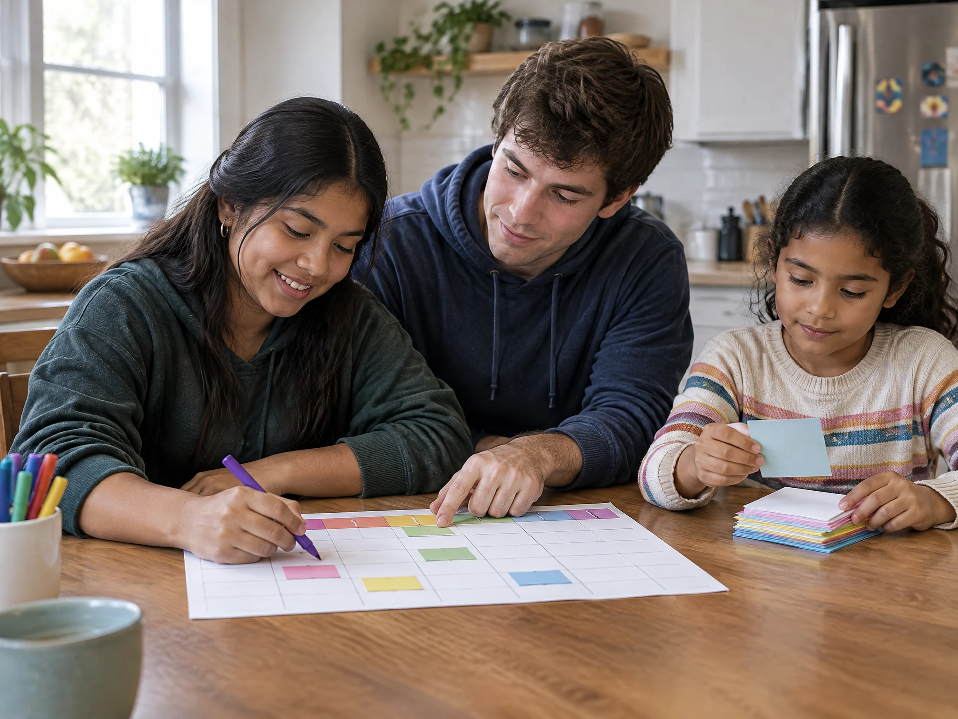 Two siblings and an adult review a simple schedule together at a table.