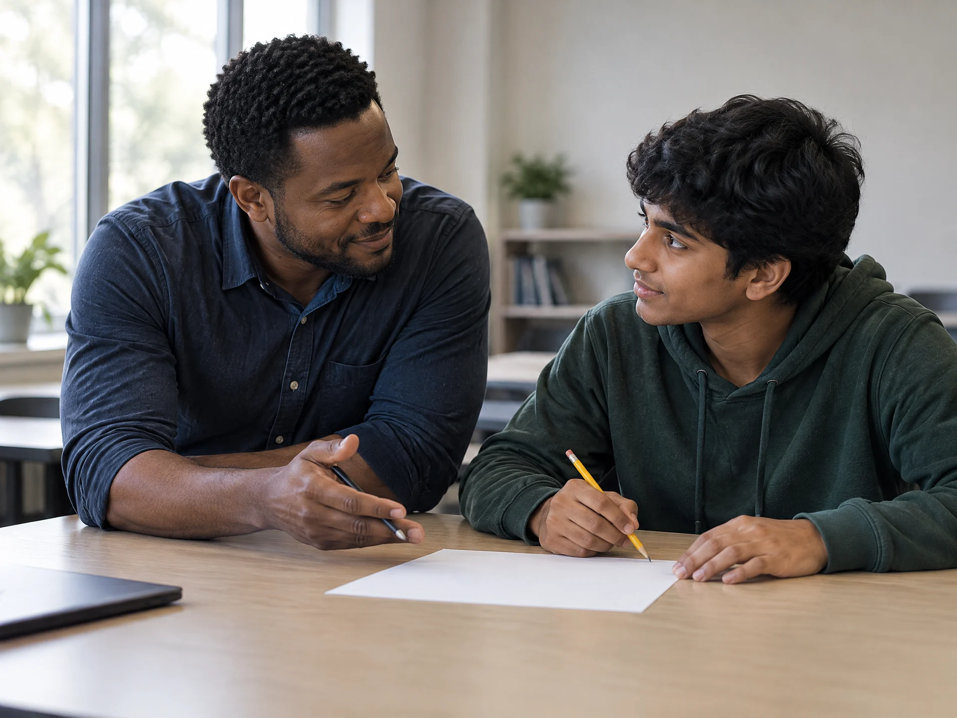 A teacher gives quiet feedback to a student at a classroom table with no readable work visible.