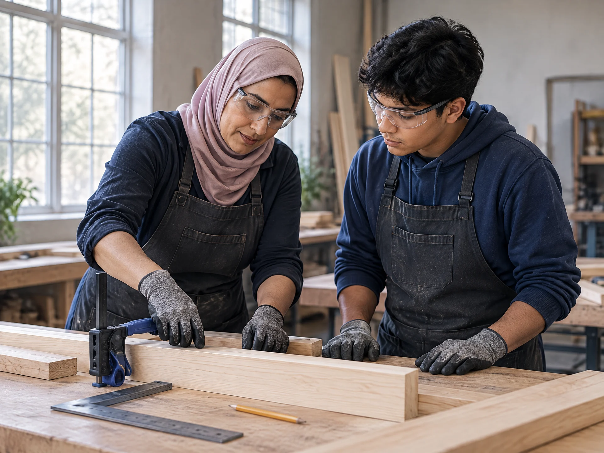 A woman trade worker and apprentice review a safe hands-on task with proper protective equipment.
