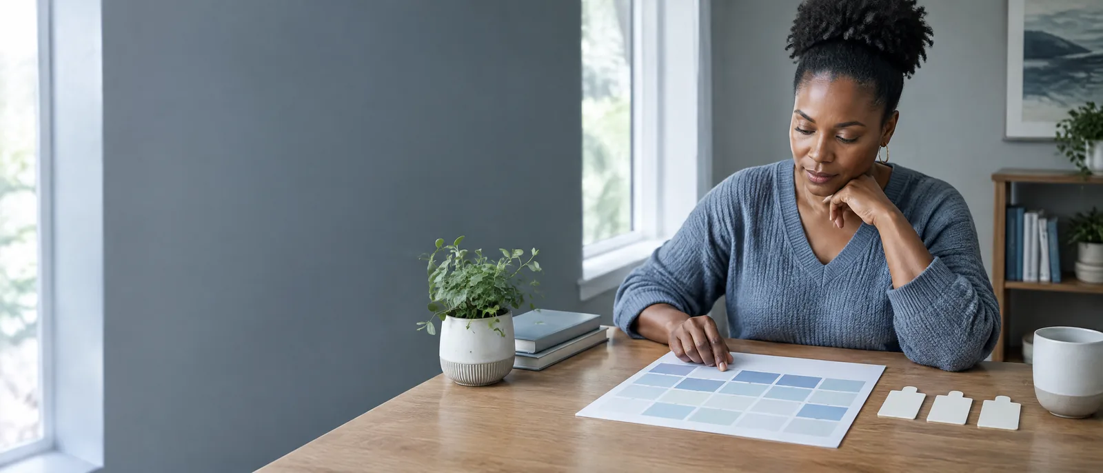 An adult prepares at a table with an abstract color-coded calendar and blank tabs.