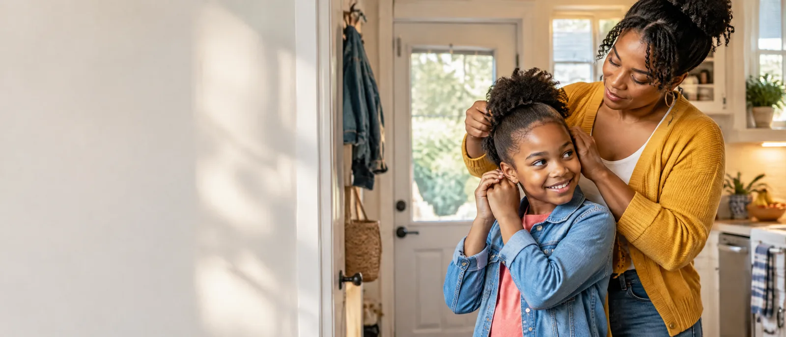 A parent and child share a gentle school-morning hair moment with the child participating happily.