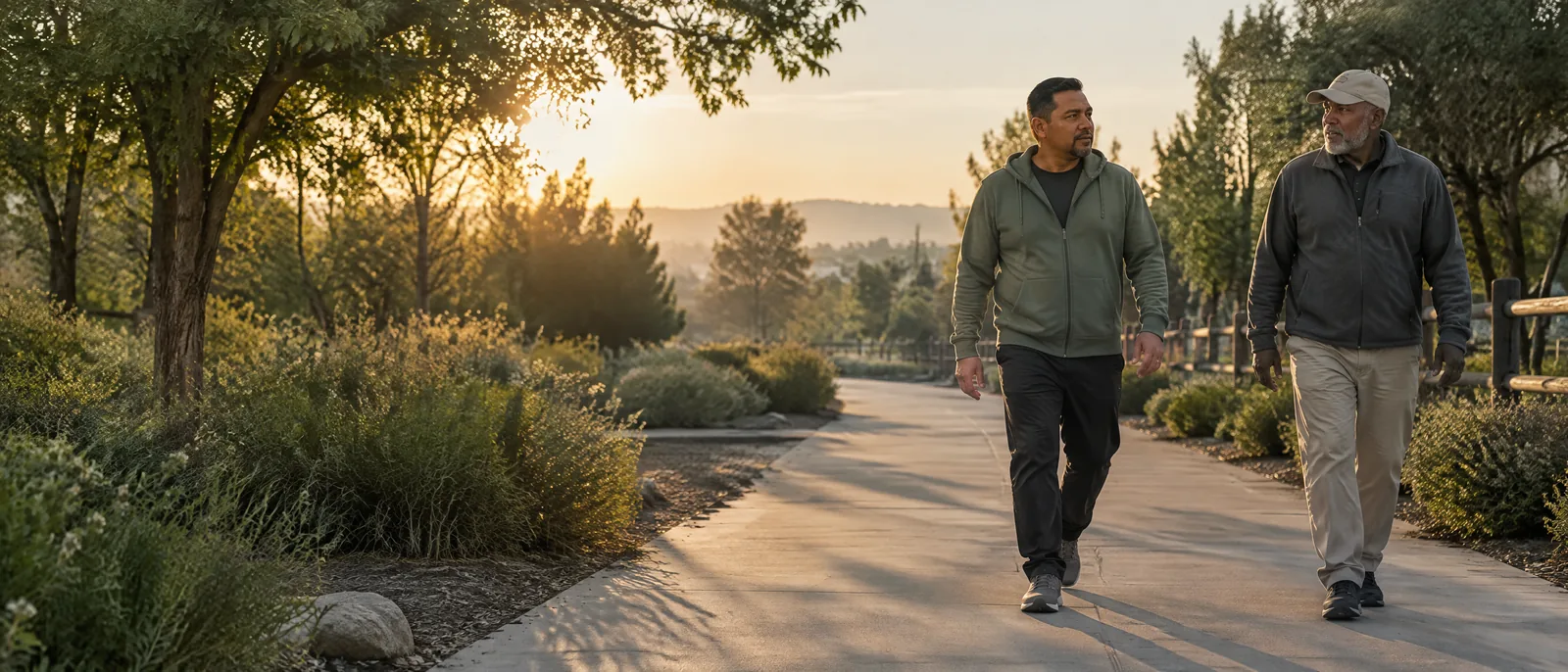 An adult takes a calm short morning walk near sunrise.