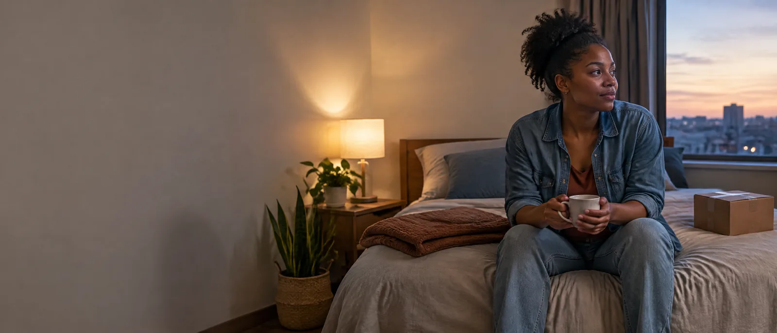 An adult settles a modest stable room with practical essentials and a bedside lamp.