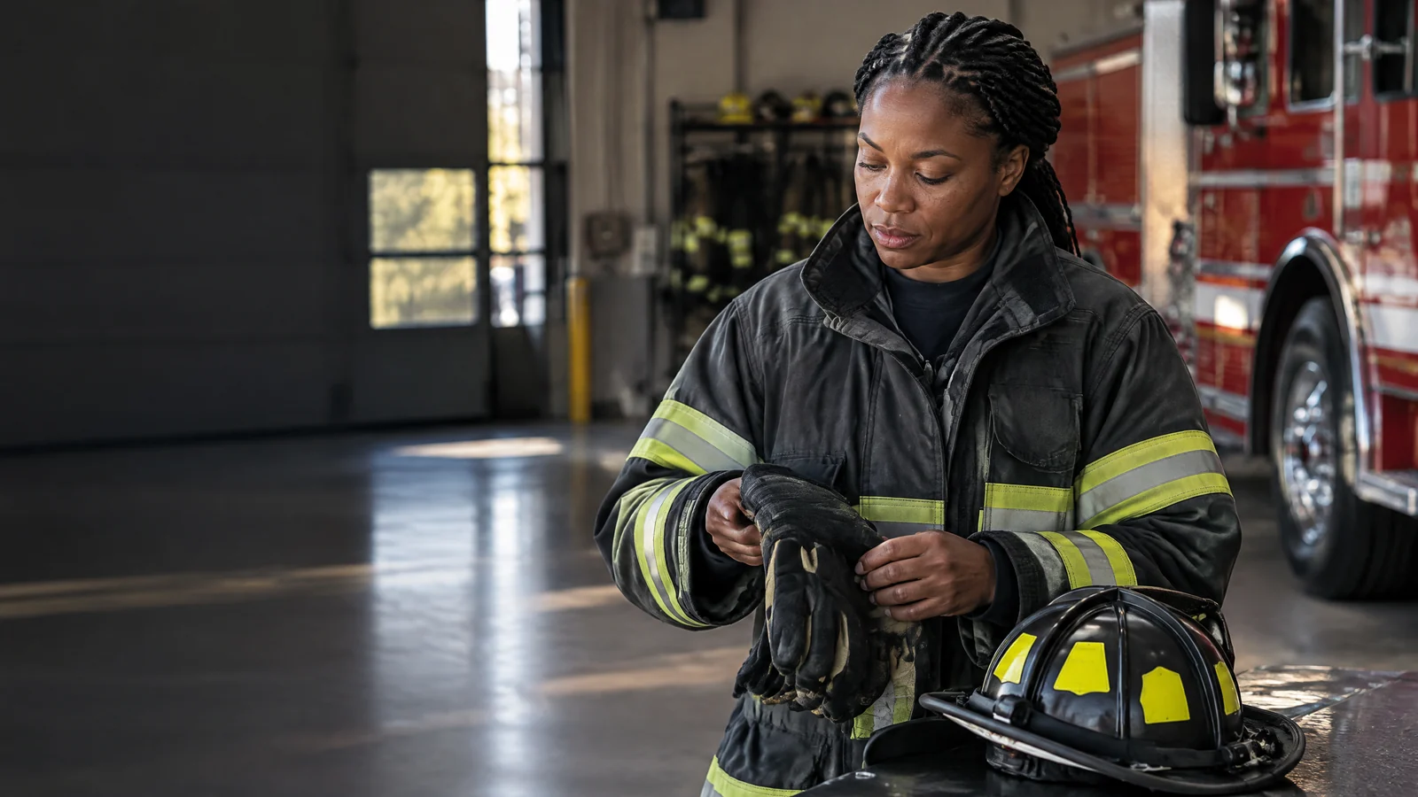 A firefighter prepares unbranded protective equipment in a calm station workspace.