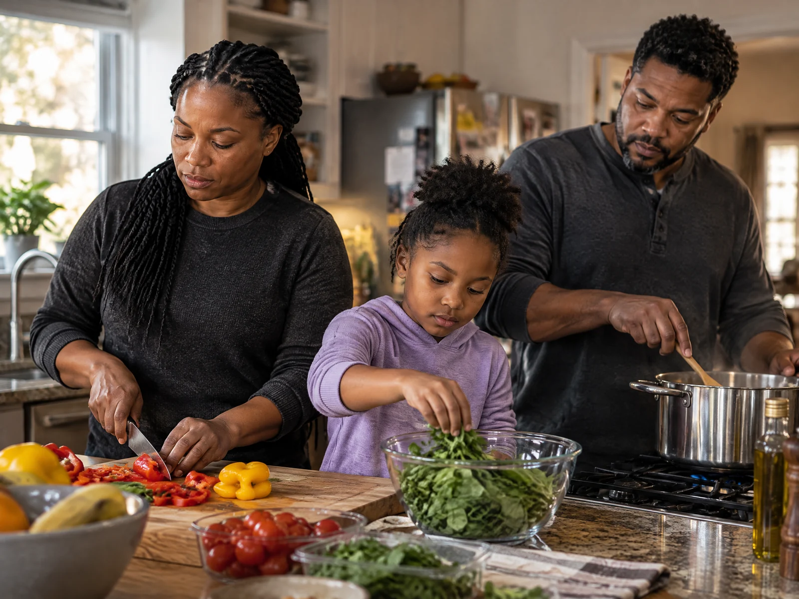 Illustrative First Responders editorial scene: family 01 partnered dinner. 