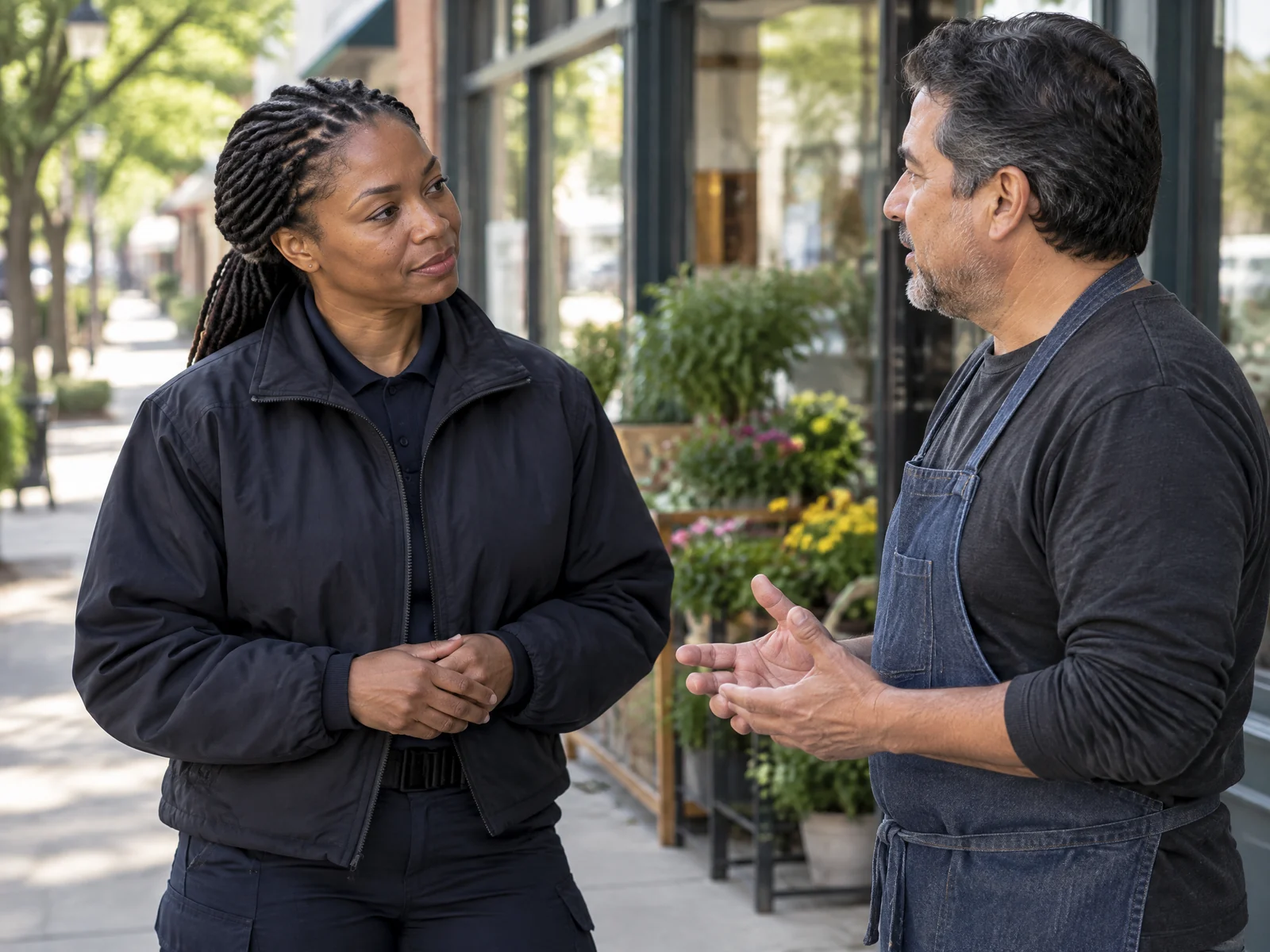 Illustrative First Responders editorial scene: law 01 neighborhood listening. 