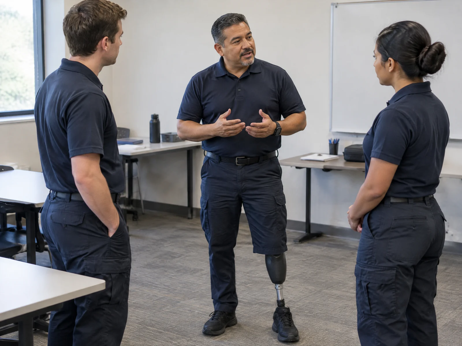 Illustrative First Responders editorial scene: transition 01 prosthetic mentor. 