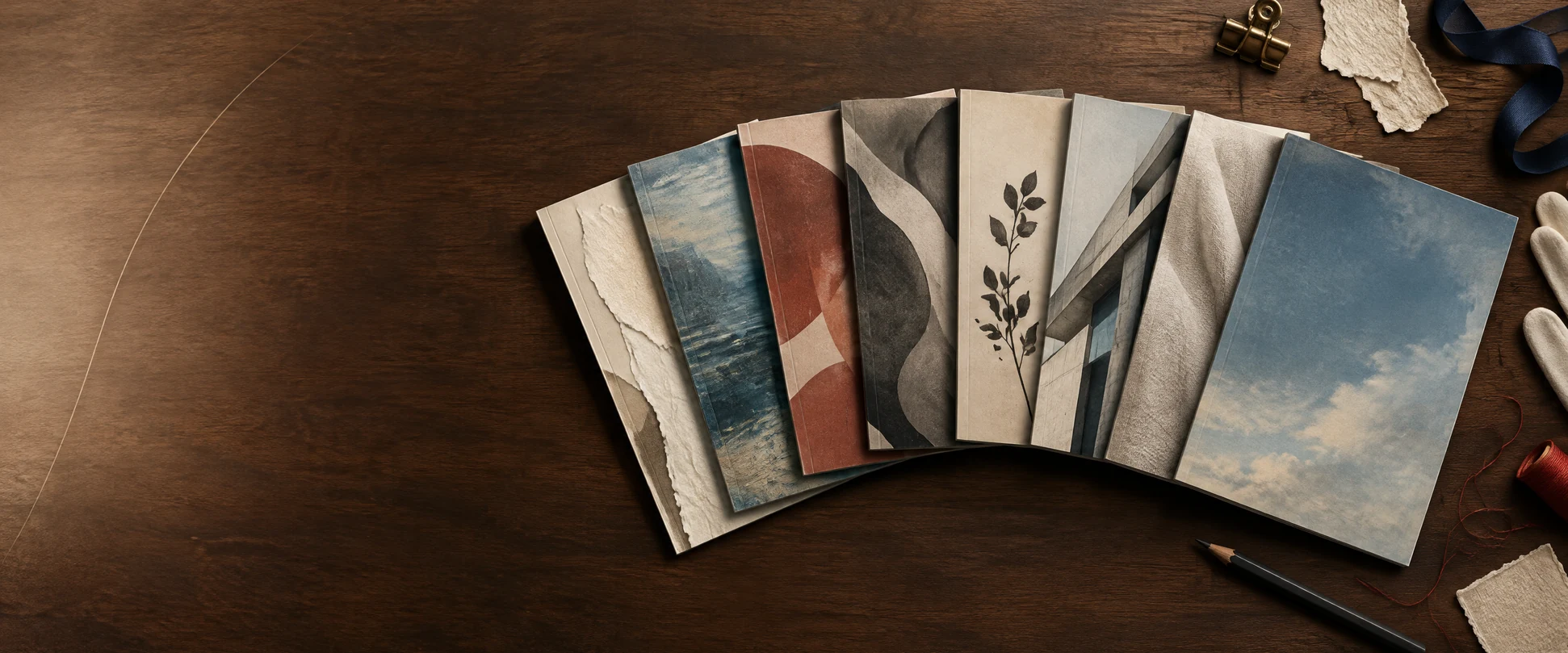 Seven finished CSV retrospective covers arranged in a precise archival fan on a dark walnut table, no people, room for left-side headline