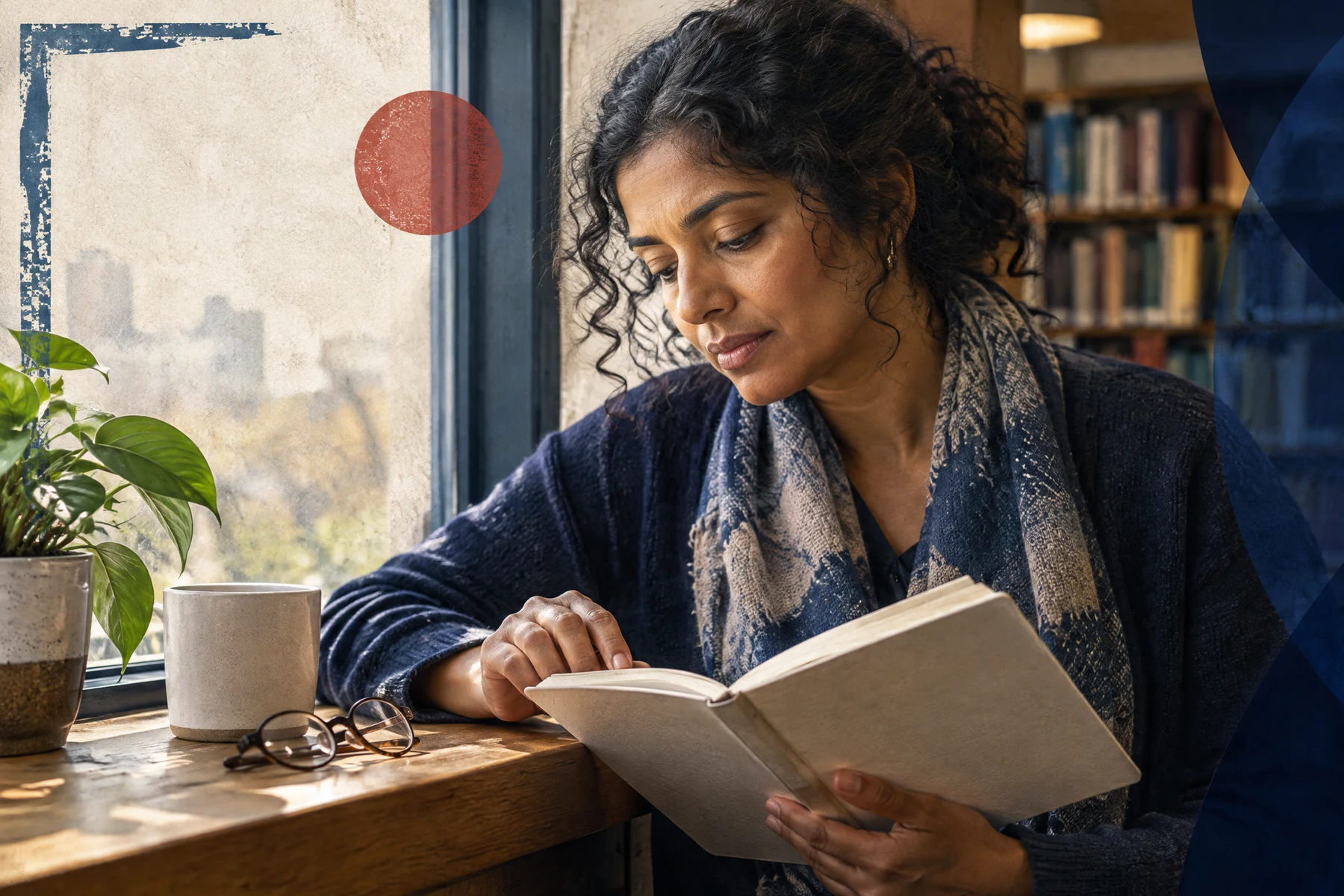 Middle-aged South Asian woman reading and annotating a book by window light, ordinary premium home, no luxury theater