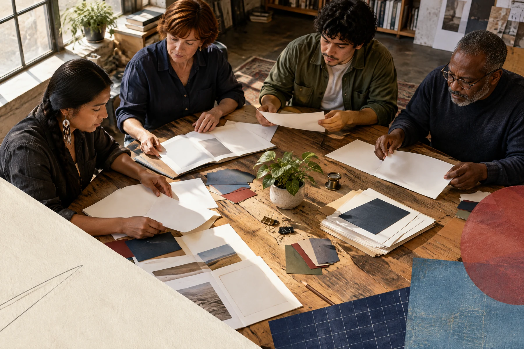 Diverse editors reviewing layouts, release forms, and source notes, faces and hands, collaborative rather than corporate