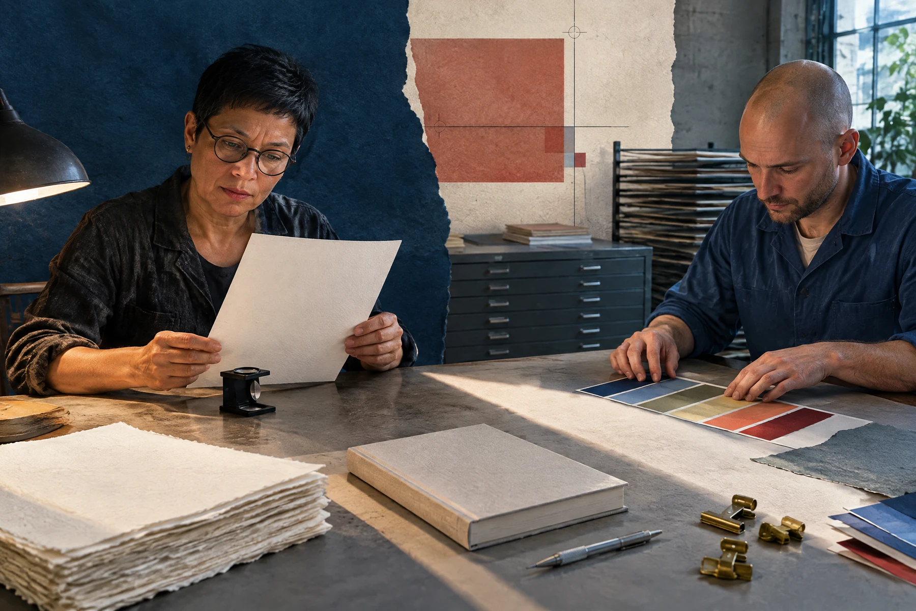 Close documentary image of color proofs, crop marks, paper samples, and a calibrated monitor, no fake logos or text