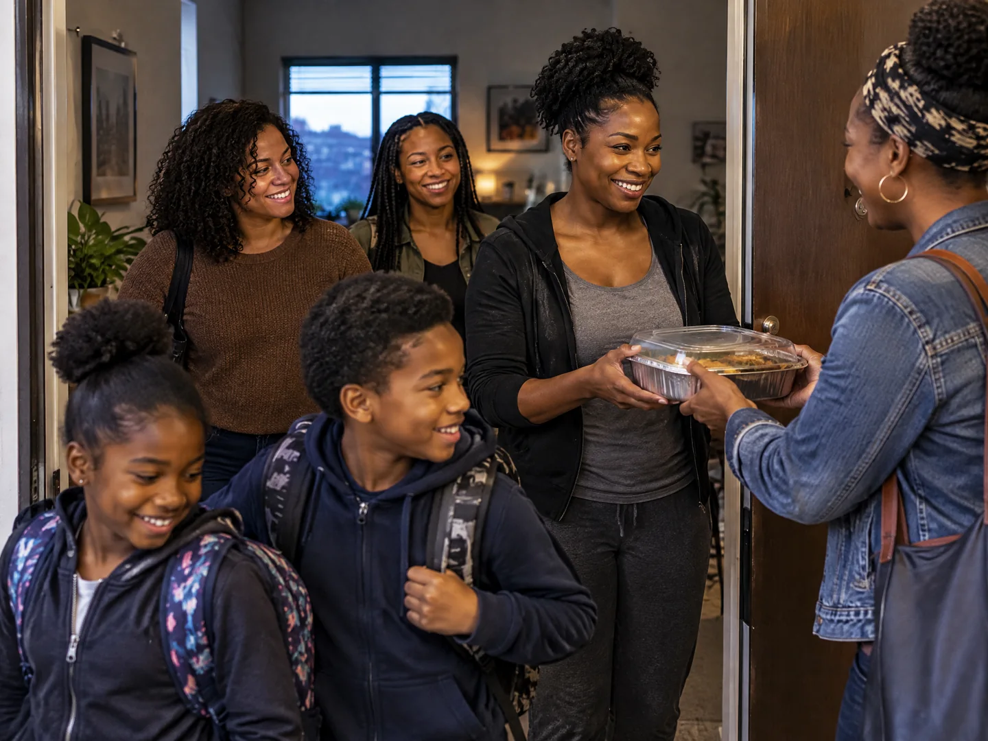 Friends arrive at a mother’s doorway with a prepared meal while children head outside together.