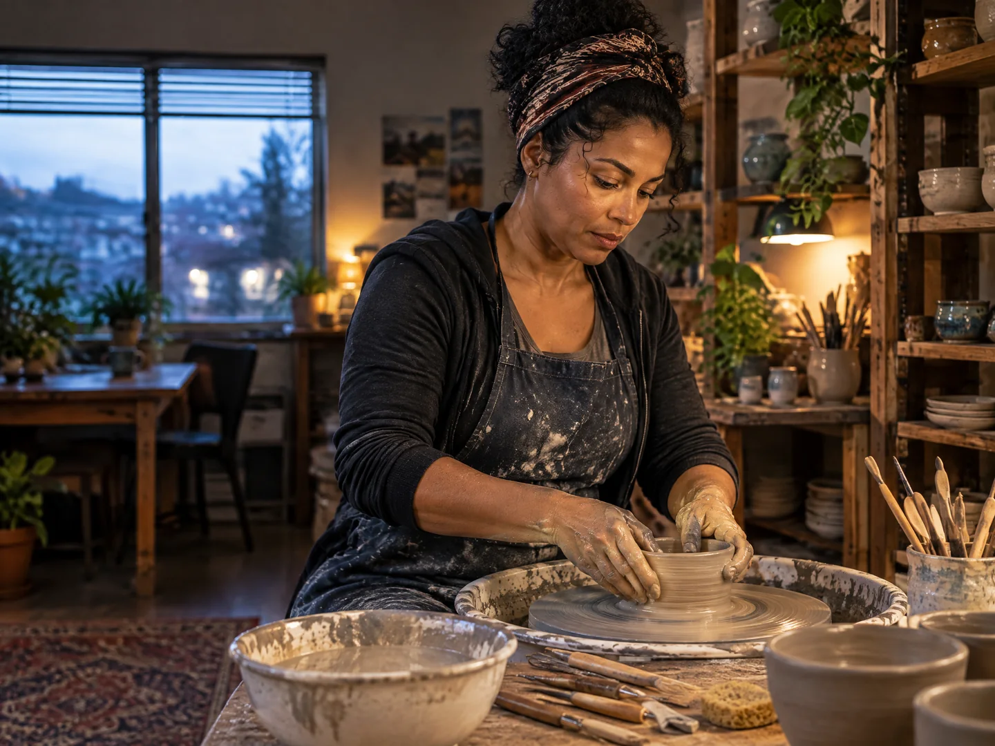 A mother shapes clay in a neighborhood ceramics workshop.