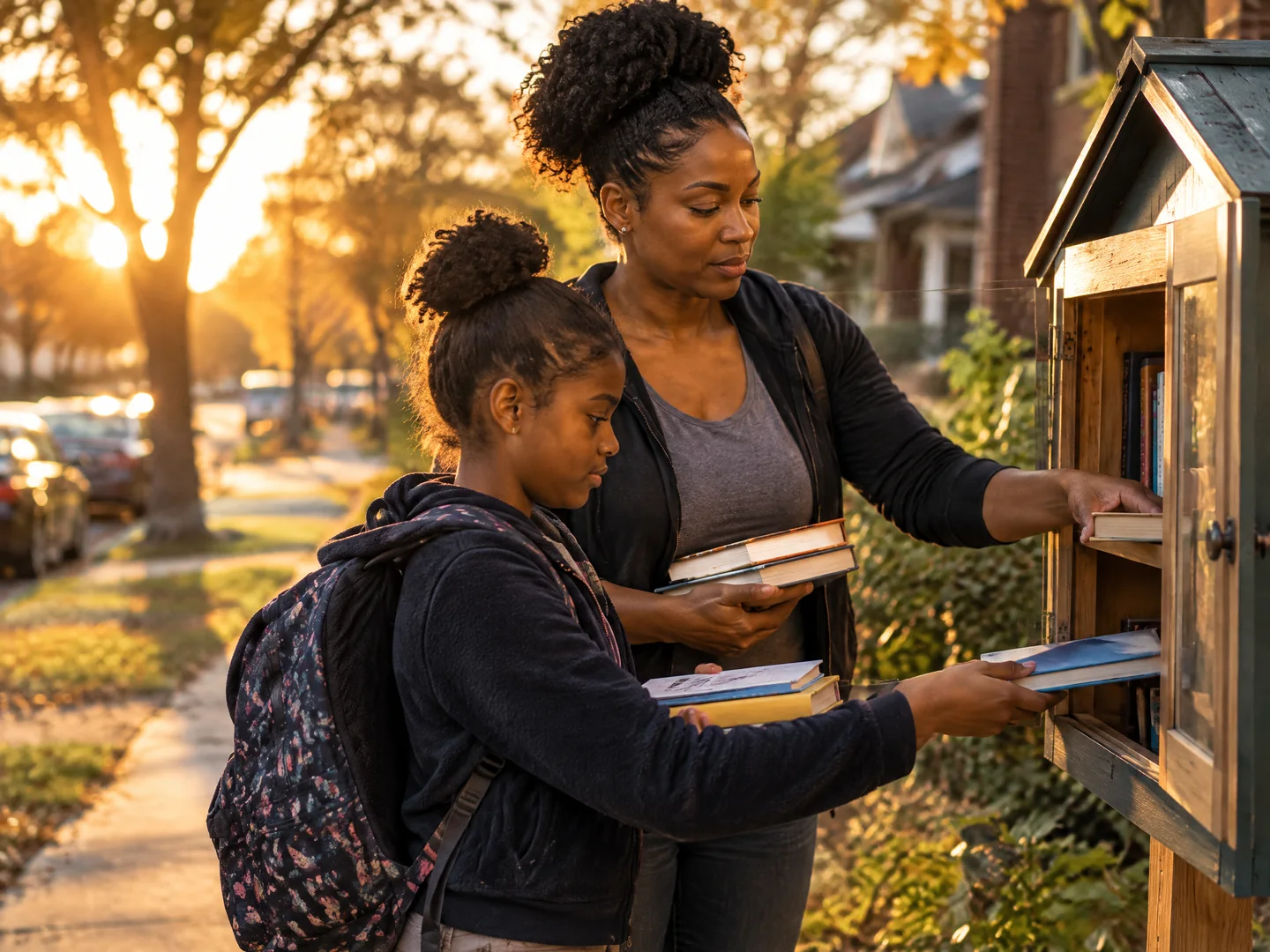 A mother and child place books into a neighborhood free-library box at sunset.