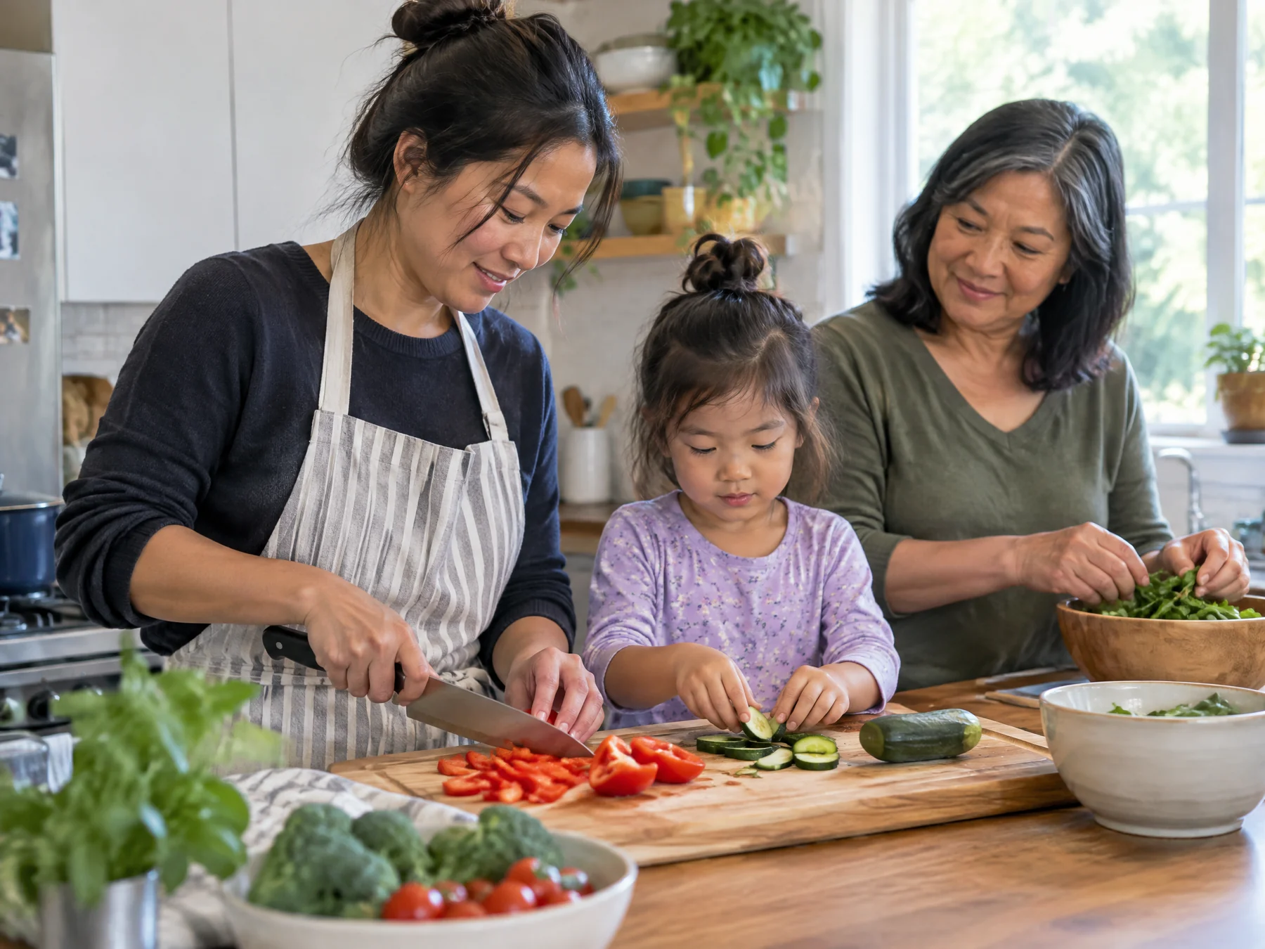 An Asian American mother, child, and older aunt prepare food together in a home kitchen.