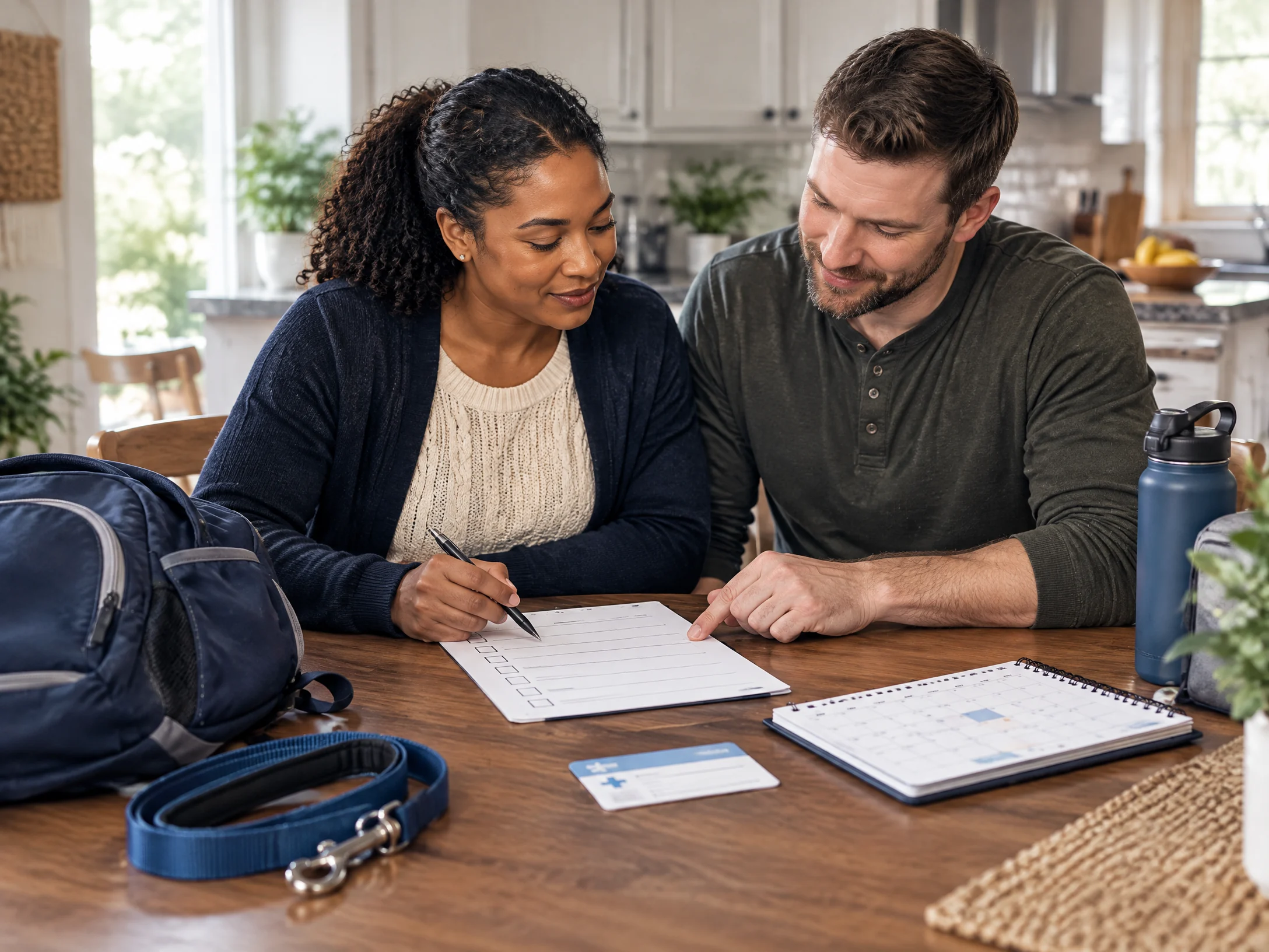 A Black woman and white man review household, school, care, pet, and calendar logistics at a kitchen table.
