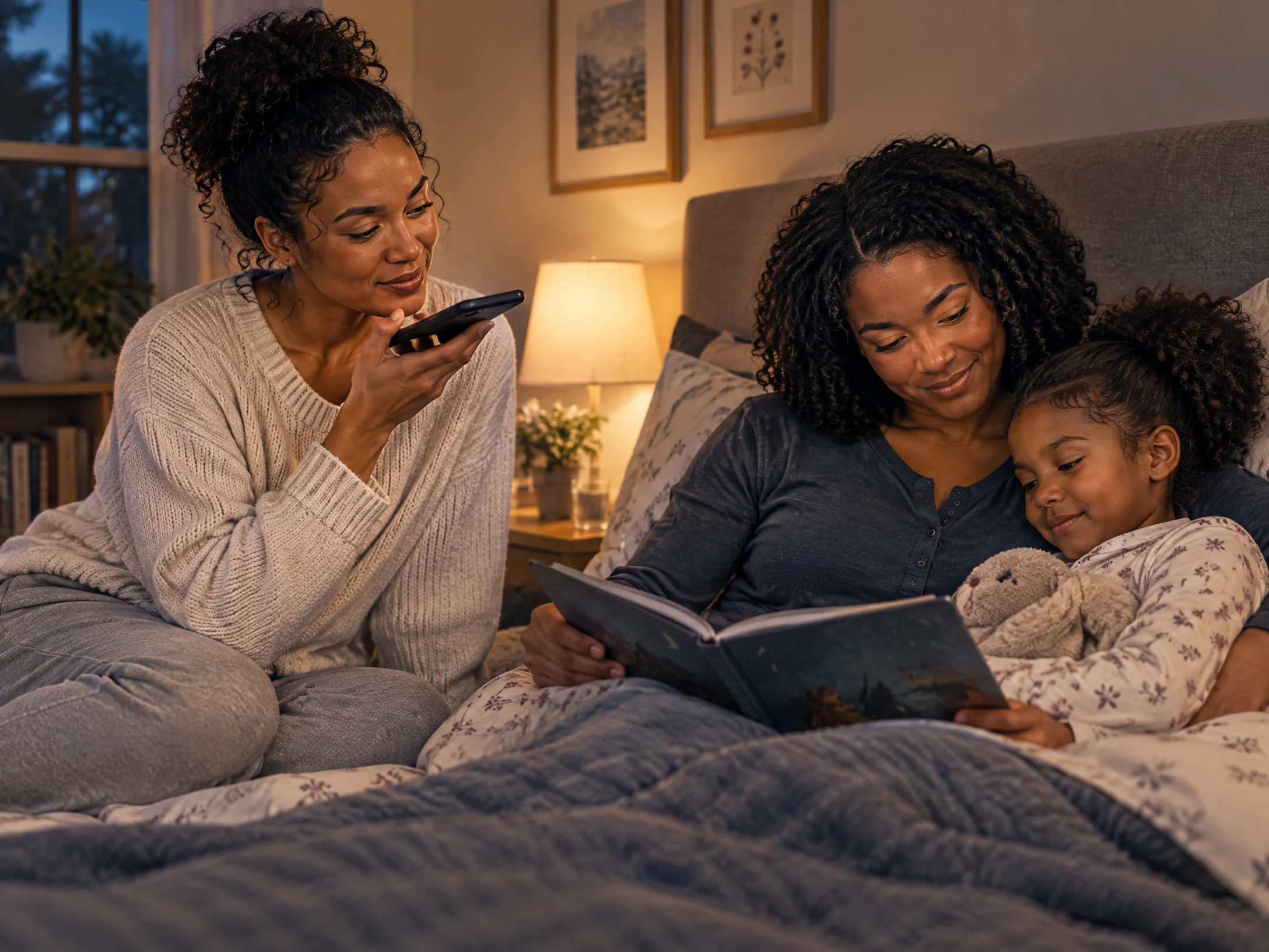 A same-sex female couple keeps a gentle bedtime routine and records an audio message after a missed connection.