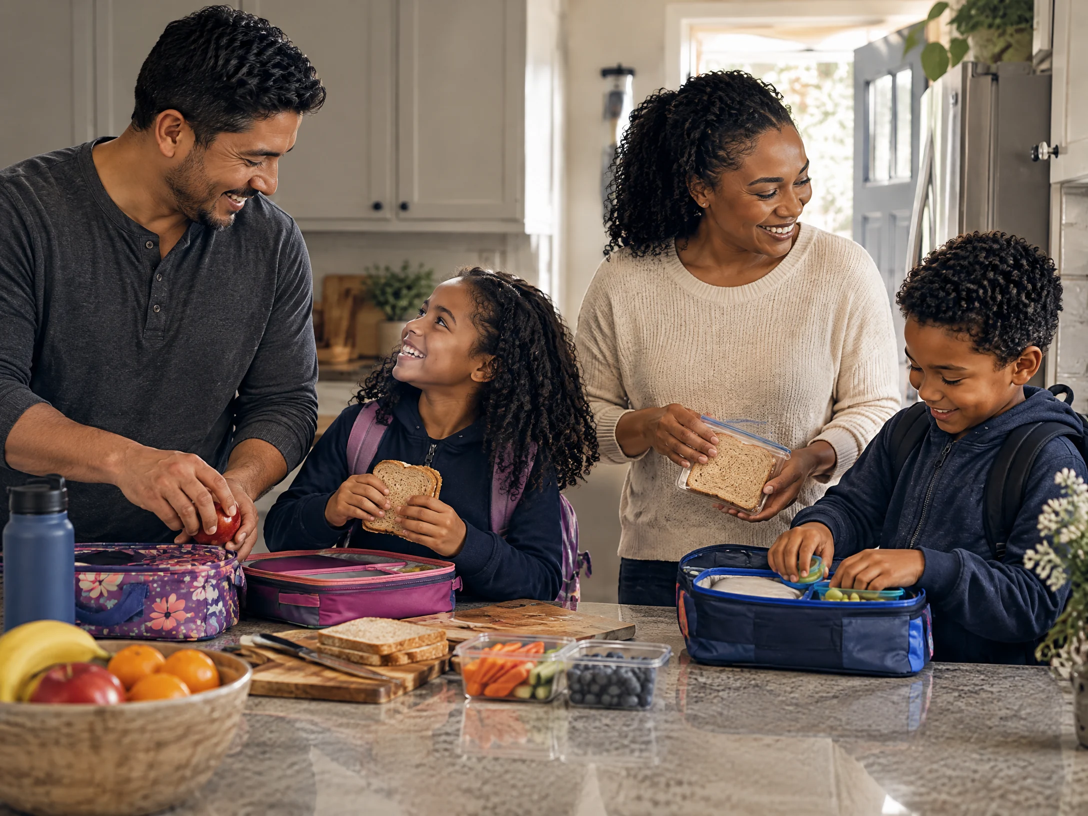 A Latino male veteran and Black female co-parent prepare school lunches with their children.