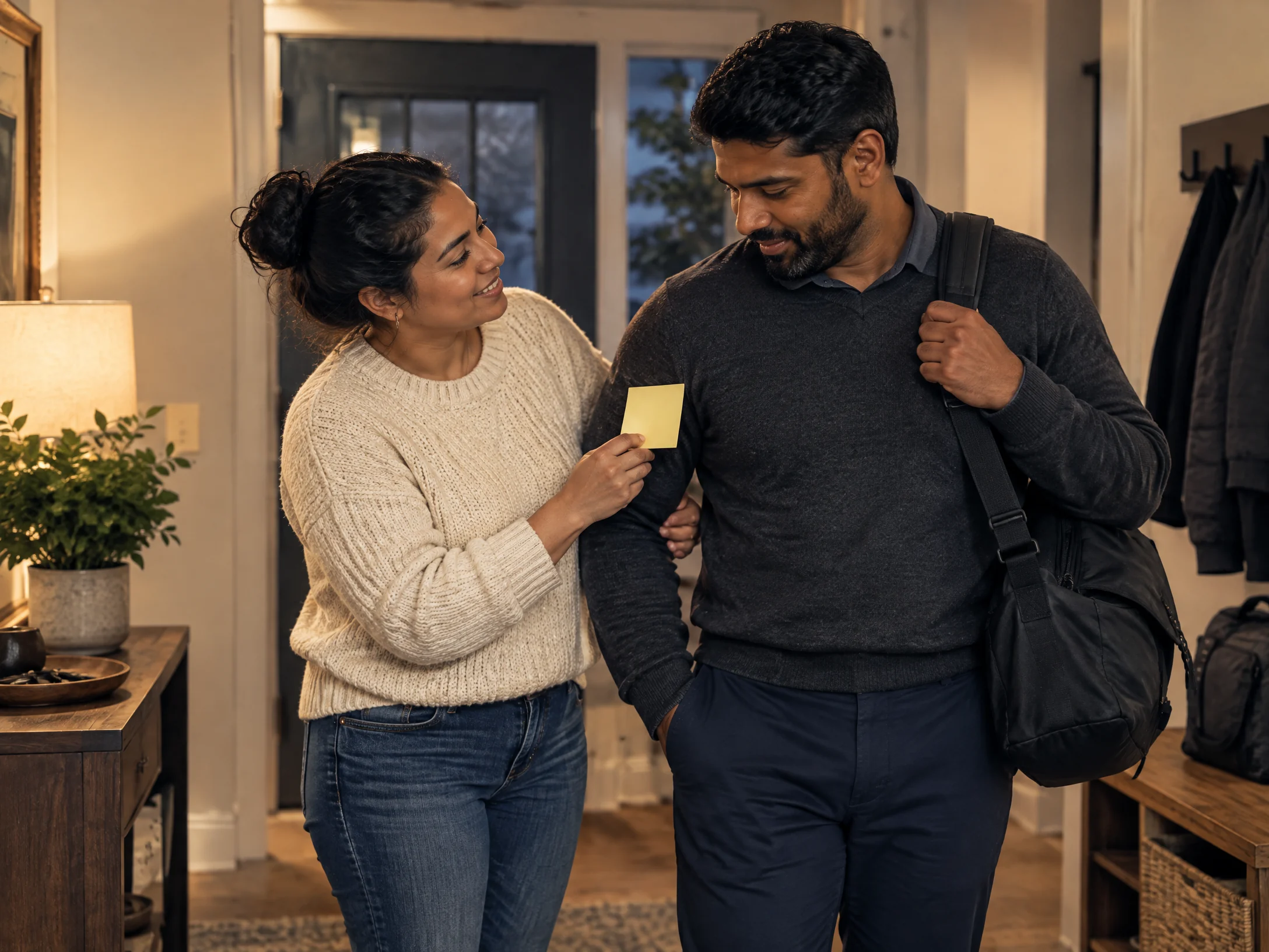 A South Asian Reserve member prepares for civilian work while a Latino spouse shares a household note.