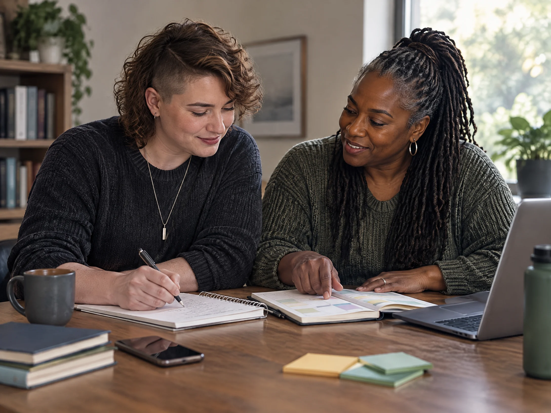 A transitioning veteran and older peer navigator organize general work, education, health, and family tasks.