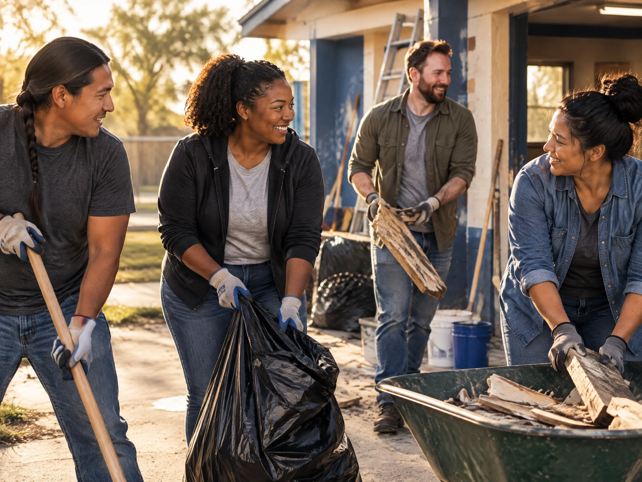 Veterans, spouses, and adult volunteers clean up after an adult-led youth-center repair day.
