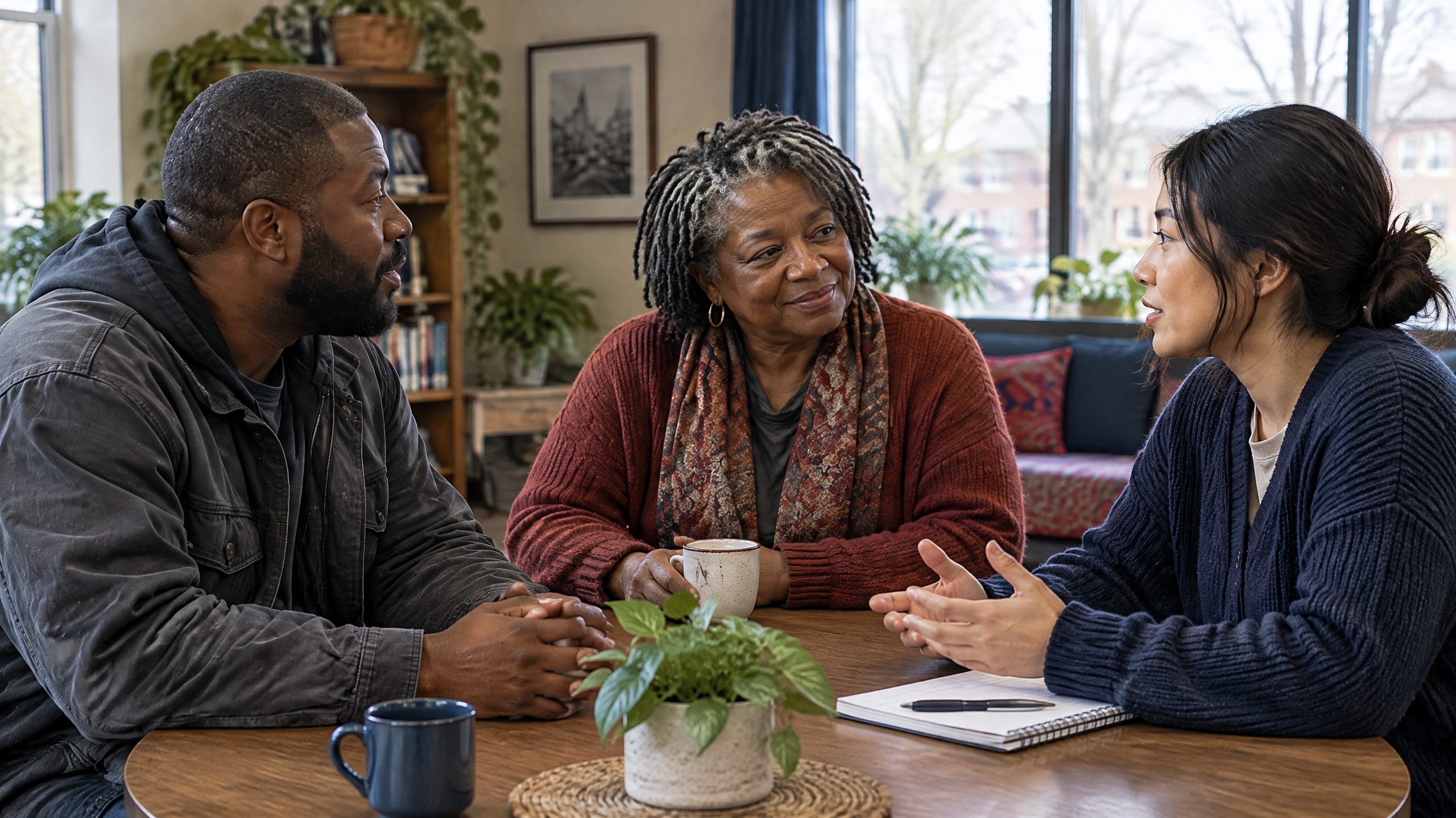 Scene of adults in a community conversation.