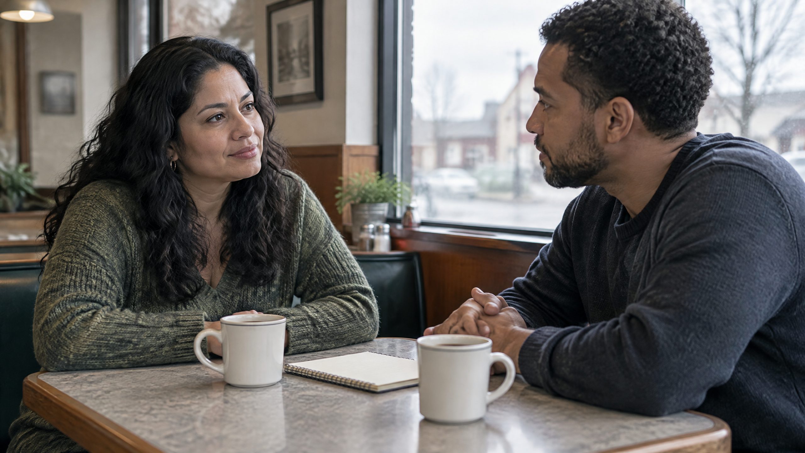 Scene of two people in a grounded conversation.
