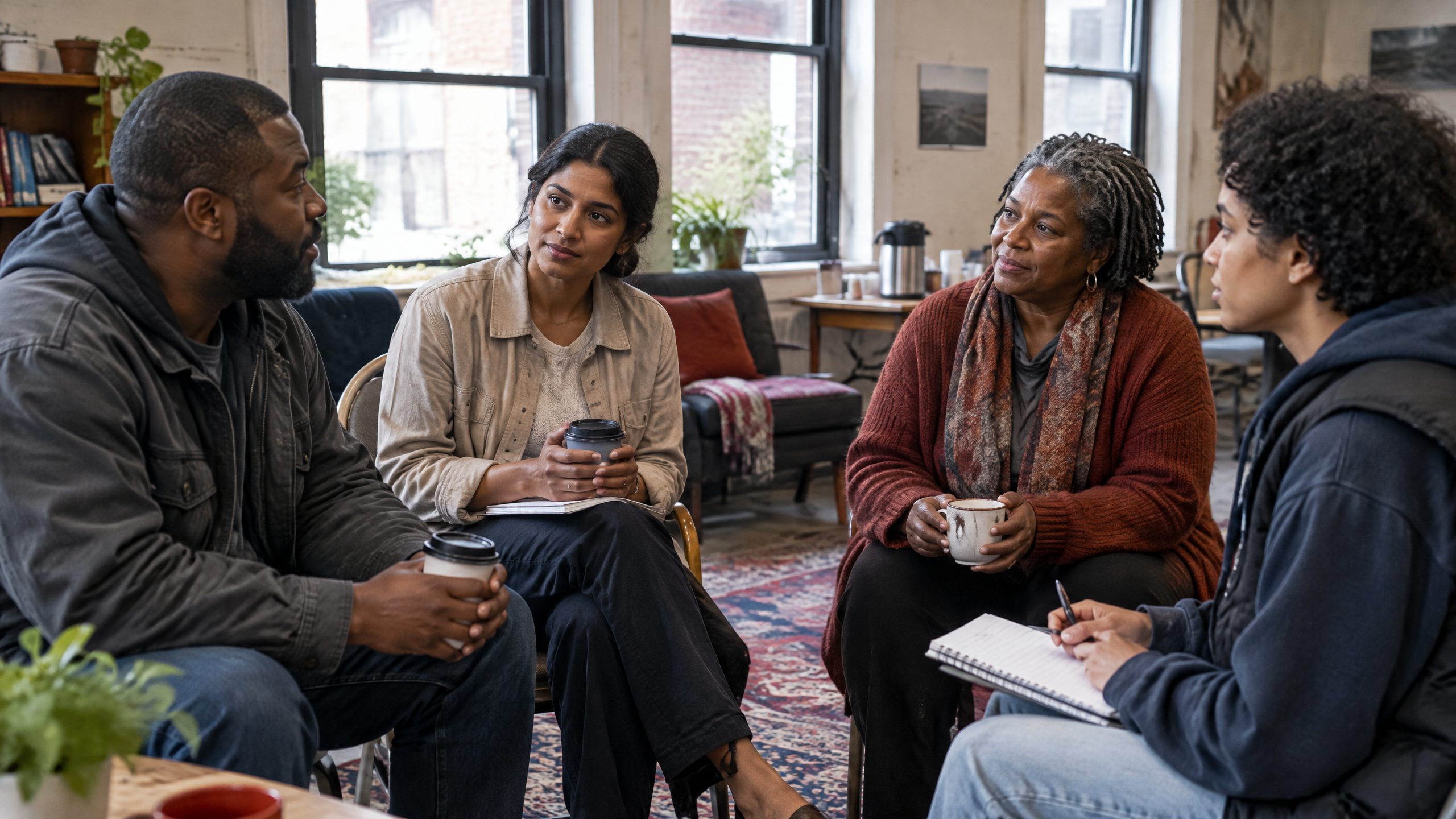 Scene of a small group listening and connecting.