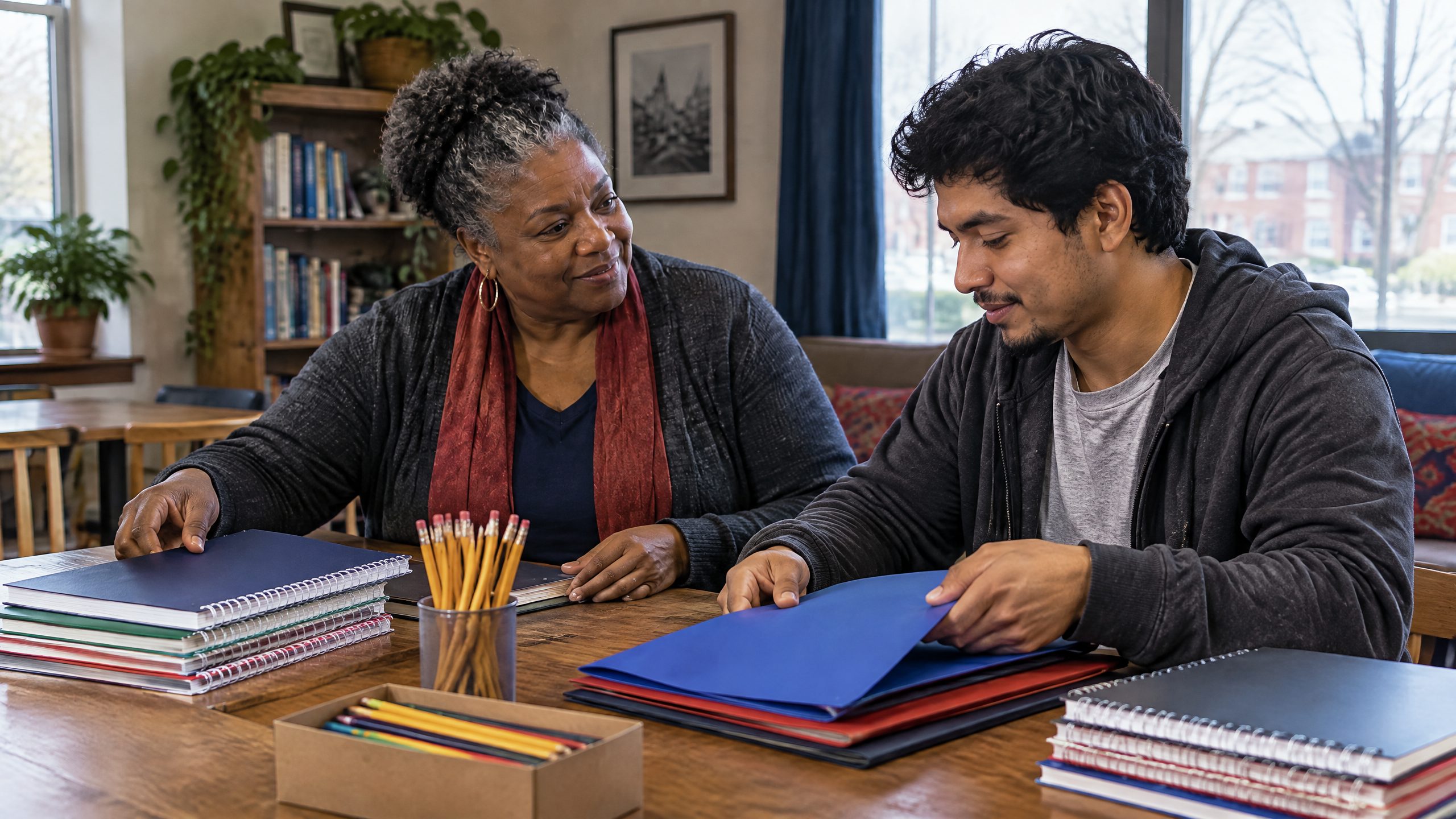 Scene of adults arranging school supplies.